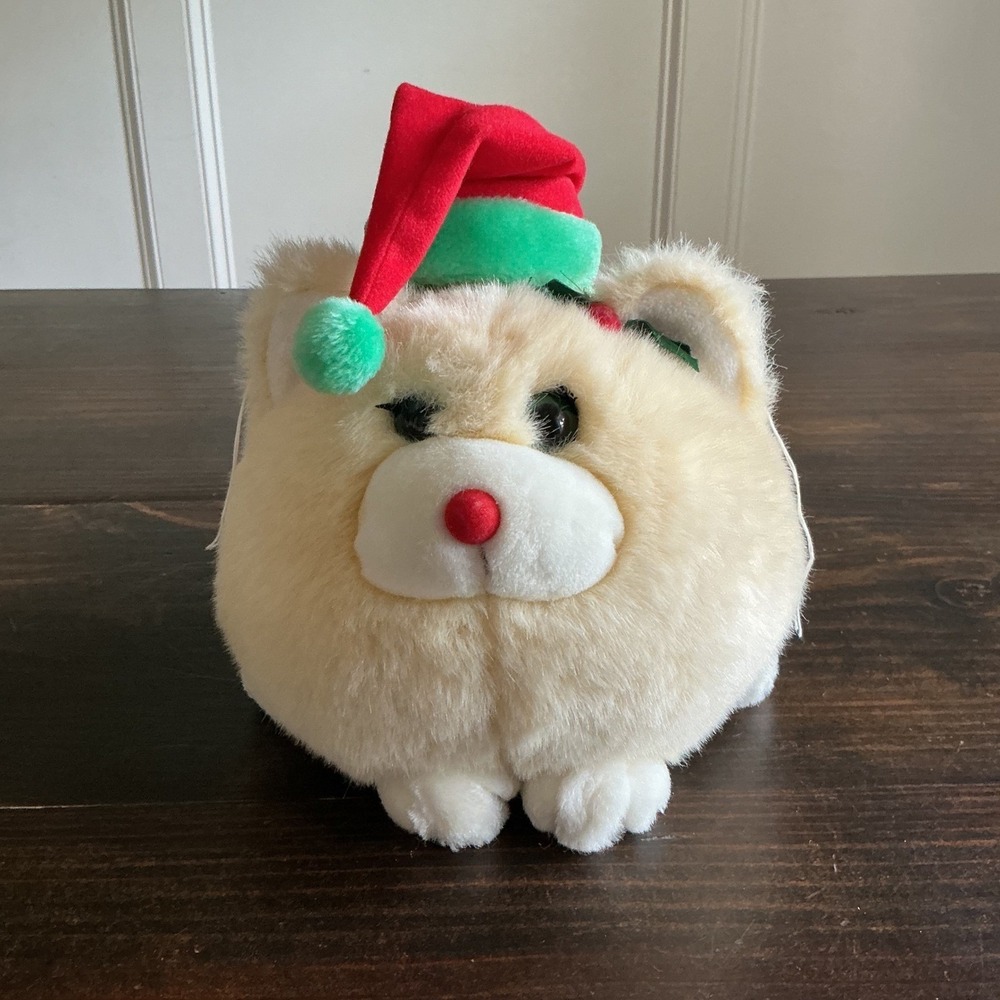 Vintage 1993 Applause Plum Puddy Cat Christmas Plush Santa Hat Cream Round 13"